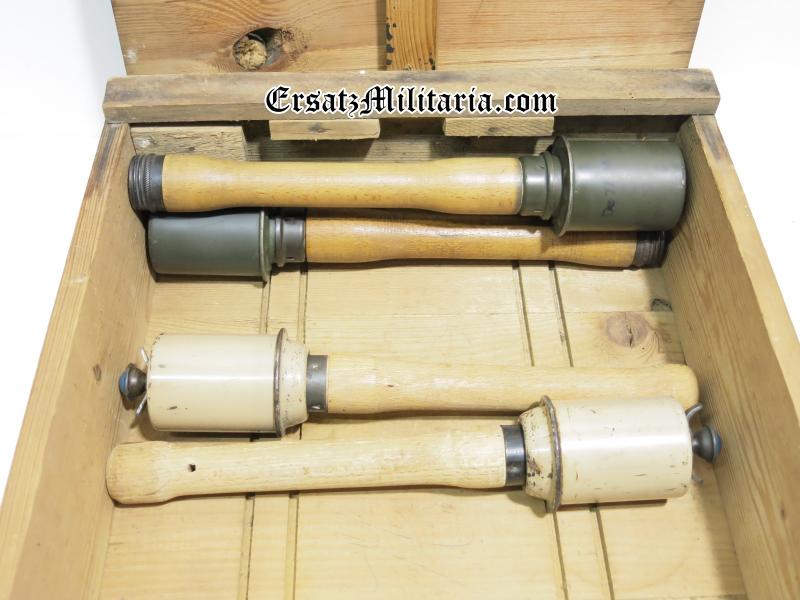 German Wehrmacht Stielhandgranate M24 Kiste Stickgrenades Wood Box In Black Colour, Wonderful Condition W. Stencils And Labels.