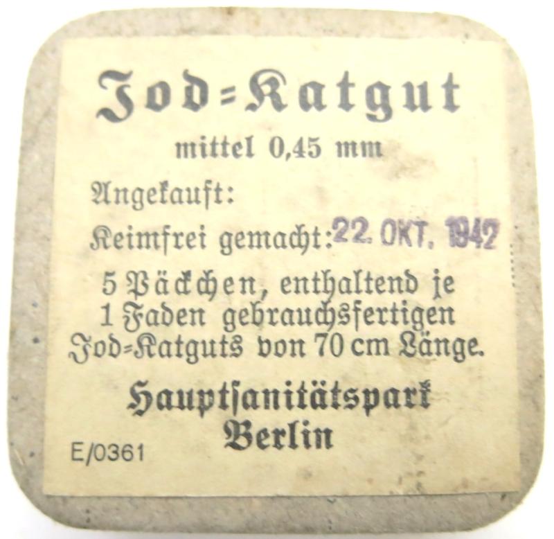 German Wehrmacht Jod-Katgut mittle 0,45 mm Hauptsanitätspark Berlin 22. OKT. 1942 Unopened Cardboard Box.