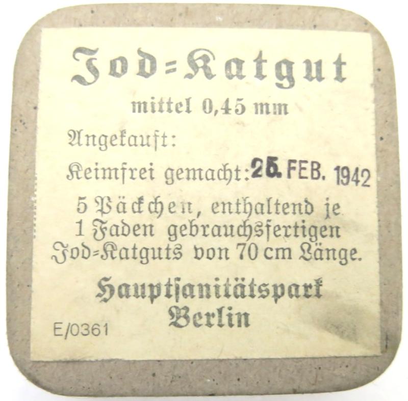 German Wehrmacht Jod-Katgut mittle 0,45 mm Hauptsanitätspark Berlin 25. FEB. 1942 Unopened Cardboard Box.